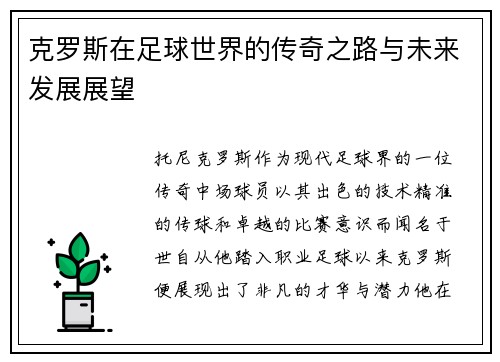 克罗斯在足球世界的传奇之路与未来发展展望