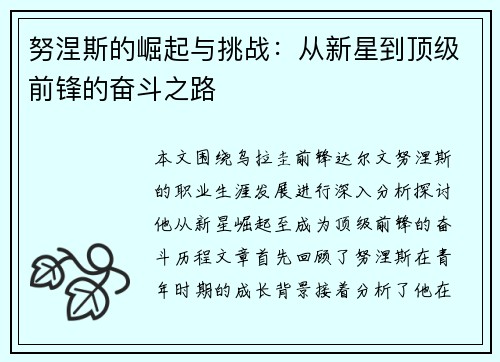 努涅斯的崛起与挑战：从新星到顶级前锋的奋斗之路